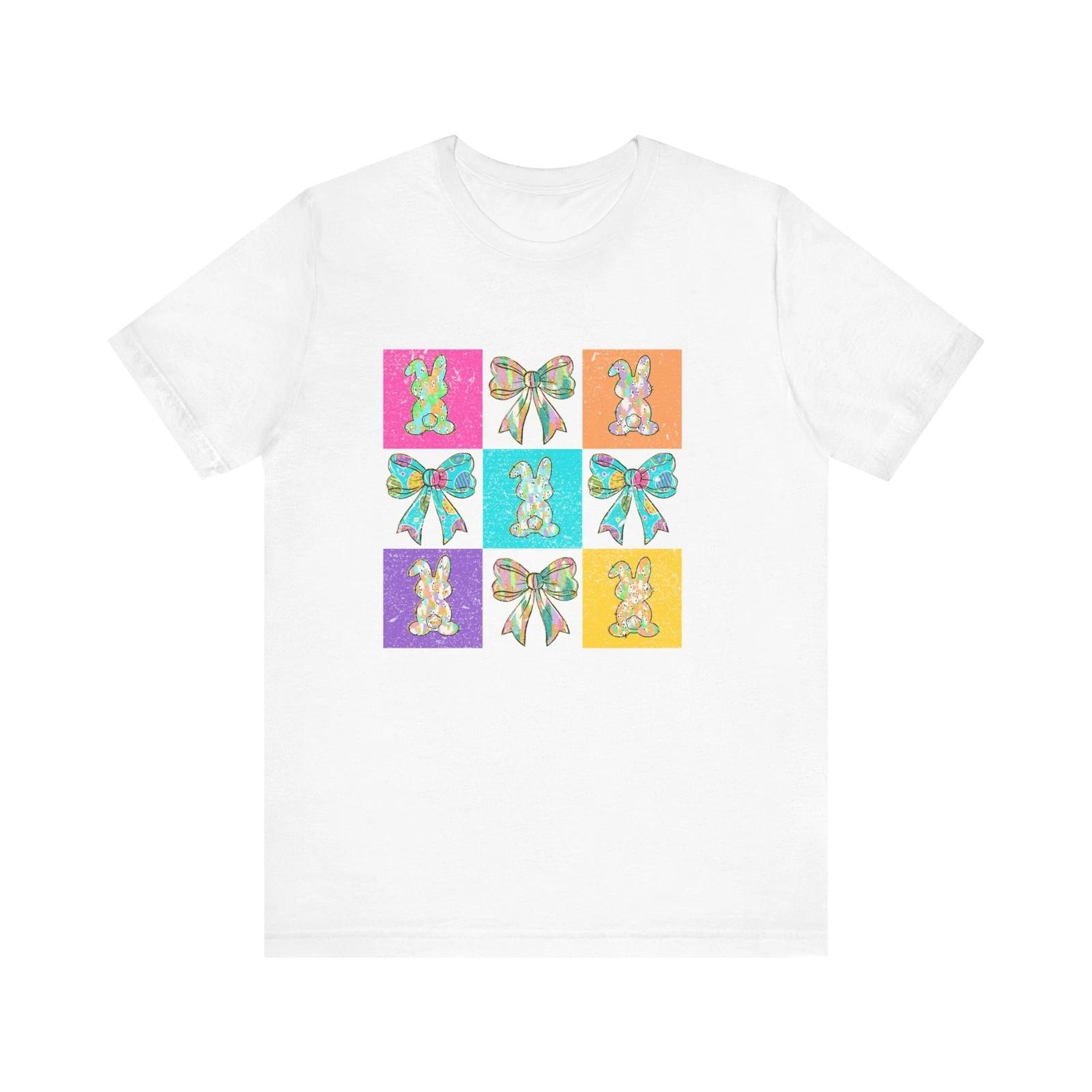 Colorful Bunny Bow Tee, Cute Graphic T shirt, Easter Gift, Spring Fashion, Fun M