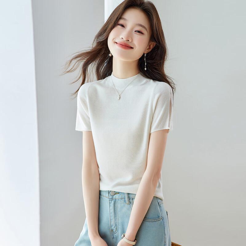 Srcr Women s Silk Blend Knit Short Sleeve Top M жемчужина белый