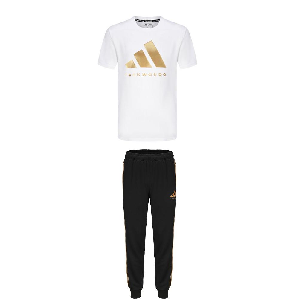 

Adidas Taekwondo Round Neck Pullover Simple Short Sleeve T-Shirt Striped Drawstring Long Pants Casual Sports Suit ADICLTS24TKP-WG+TR30P1T-BG L