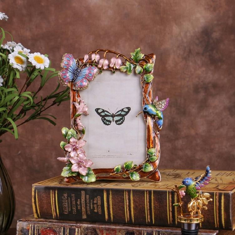 Cornice per Foto in Metallo Antico Decorata con Fiori Smaltati Colorati e Motivo di Uccelli Cornice da Tavolo per Foto Cornice Regalo