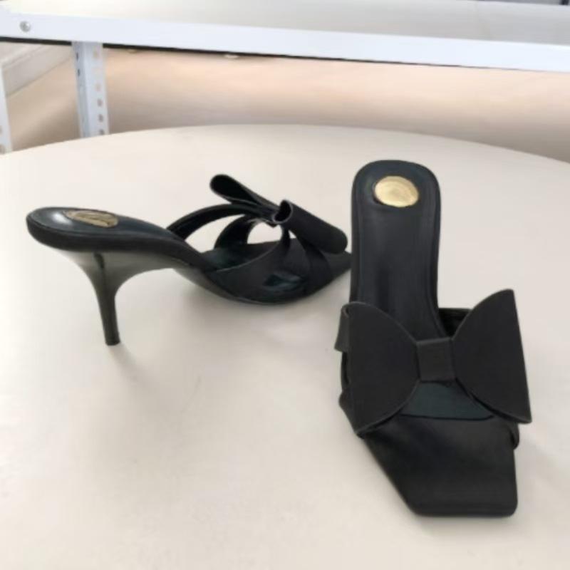 

Xinhao Обувная фабрика 25 Новые туфли-шлепанцы на высоком каблуке с шелковым бантом, модные, сексуальные, с открытым носком, женские 34 чёрный