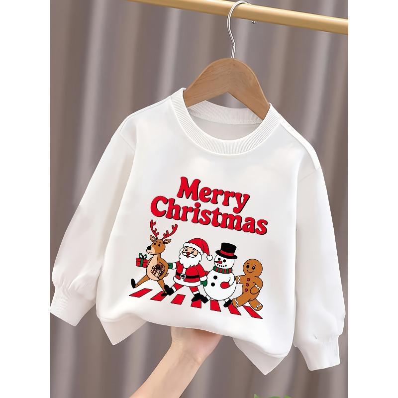 Kids Crewneck Sweatshirt, Christmas Print with Santa, Reindeer, Snowman & Gingerbread Man, Spring Autumn Casual Tops