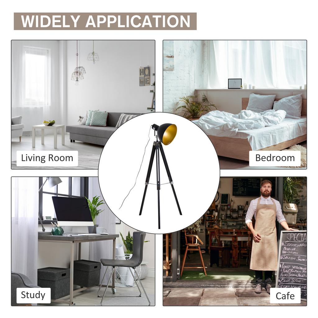 Tripod Floor Lamp, Spotlight Reading Lamp w/ Adjustable Height, Angle, Wood Legs for Living Room, Bedroom, Home, Office, Black and Gold