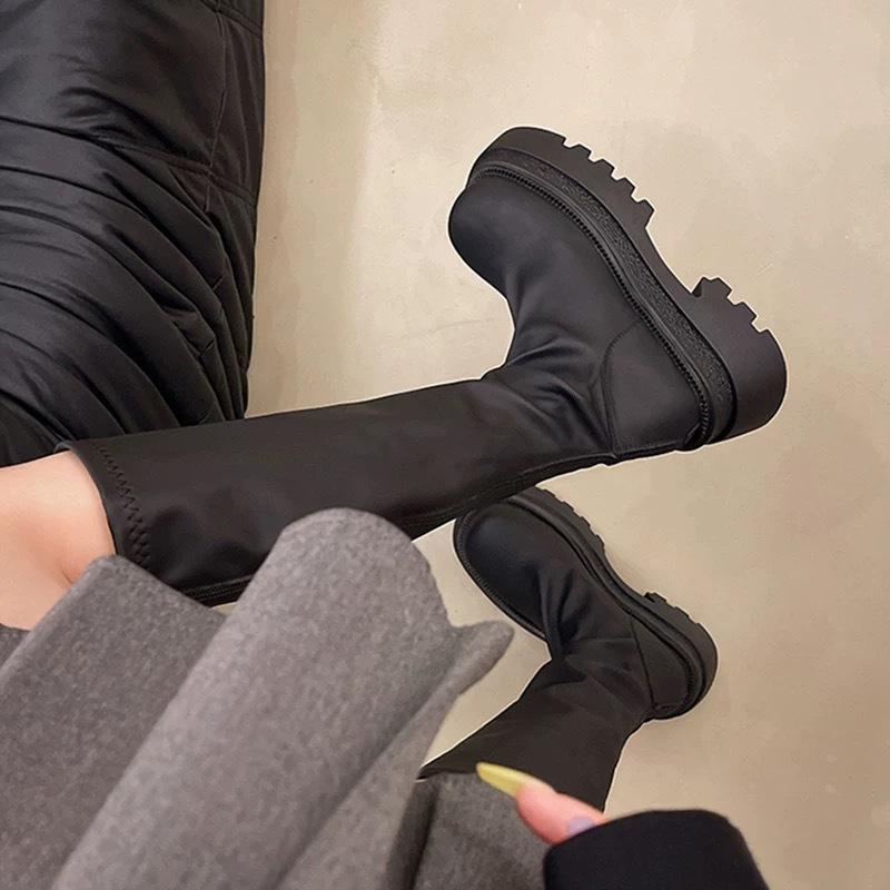 Small man fleece pleated elastic high boots muffin thick-soled thin long boots women's thin retro inverted boots long boots