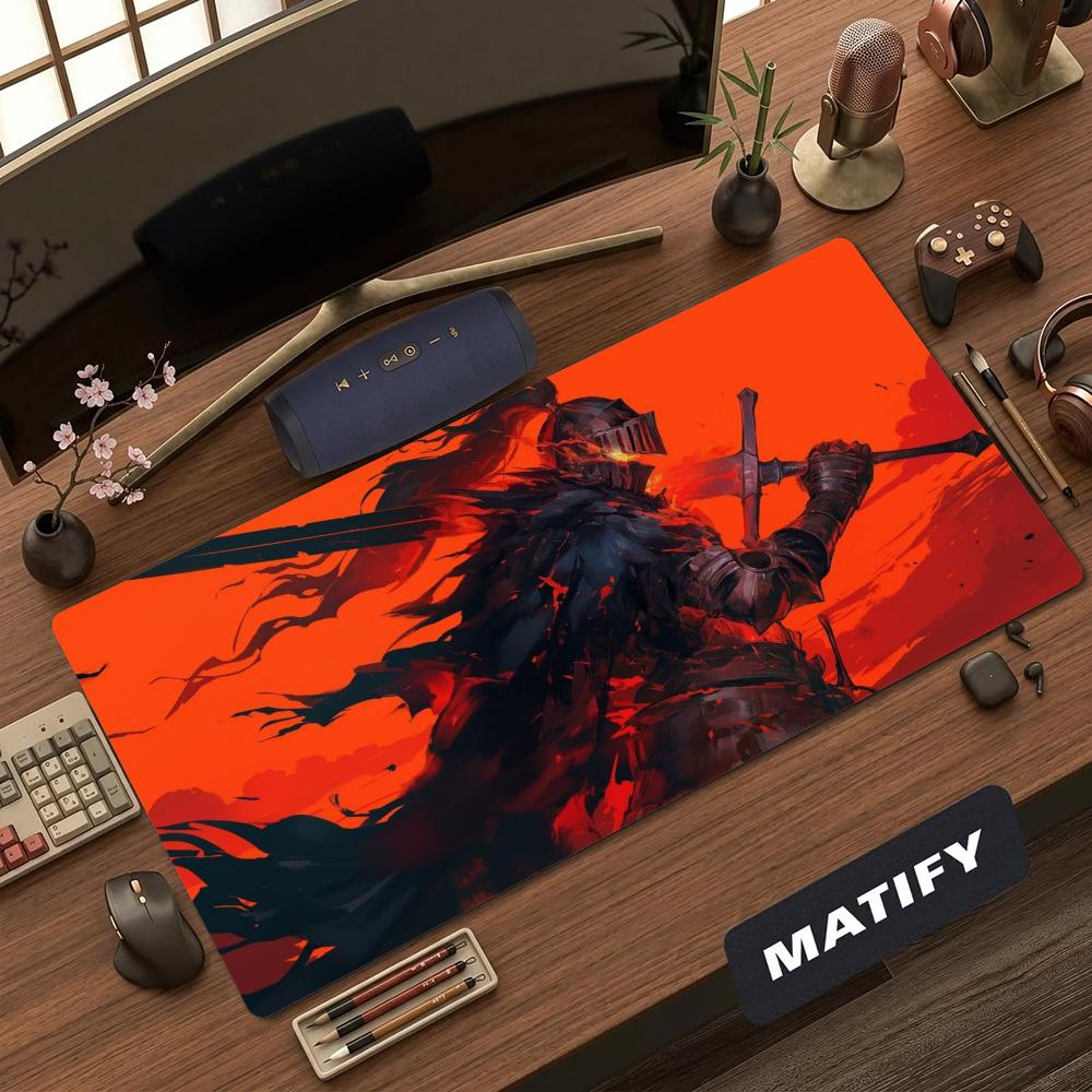 XXL Large Gaming Mouse Pad Japanese Samurai Red Fire Deskmat Overlock Non‑Slip Rubber Keyboard Mats Laptop Mousepads For Gamer