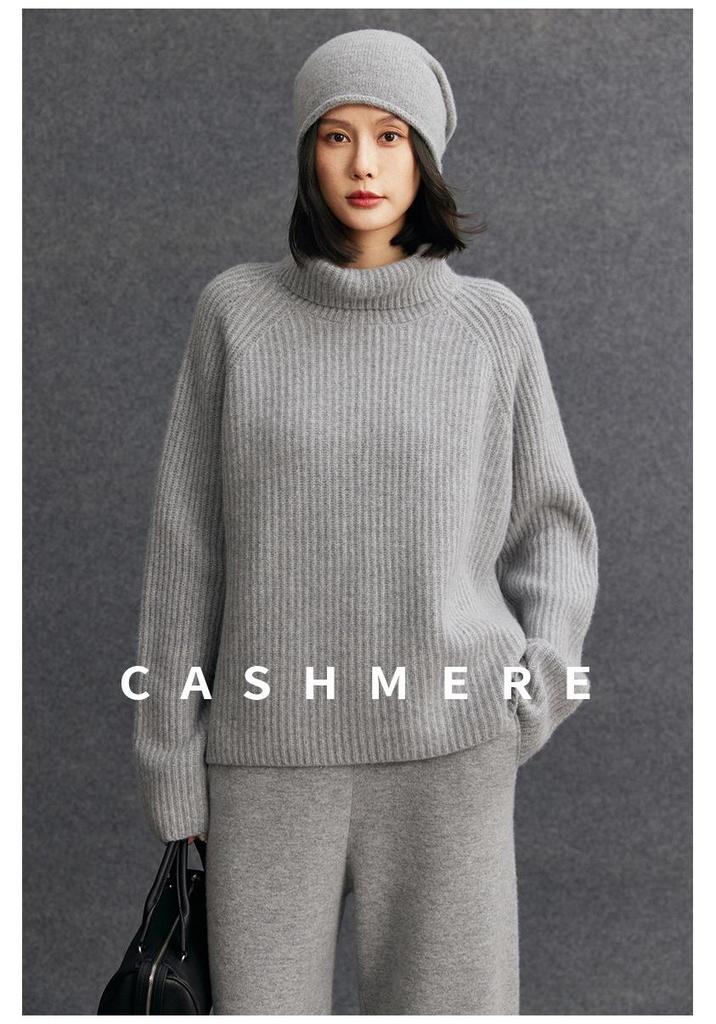 Women's High Neck Ribbed Knit Cashmere Sweater - Autumn/Winter Raglan Sleeve, Thickened Base Layer, Lazy Style