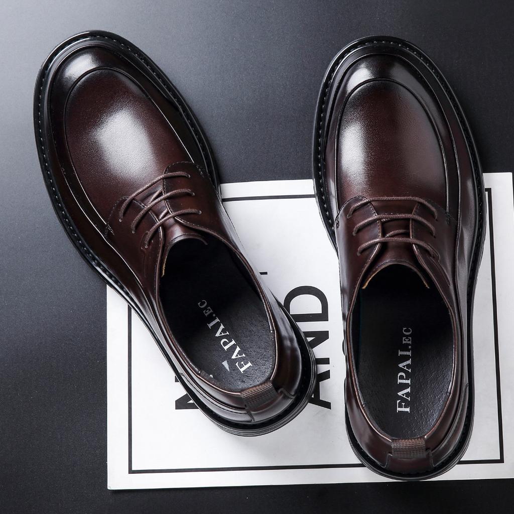 First Layer Cowhide Men's Leather Shoes Soft Sole Large Round Head Suit Leather Shoes Wear-resistant High-end Large Size Men's Lace-up Leather S