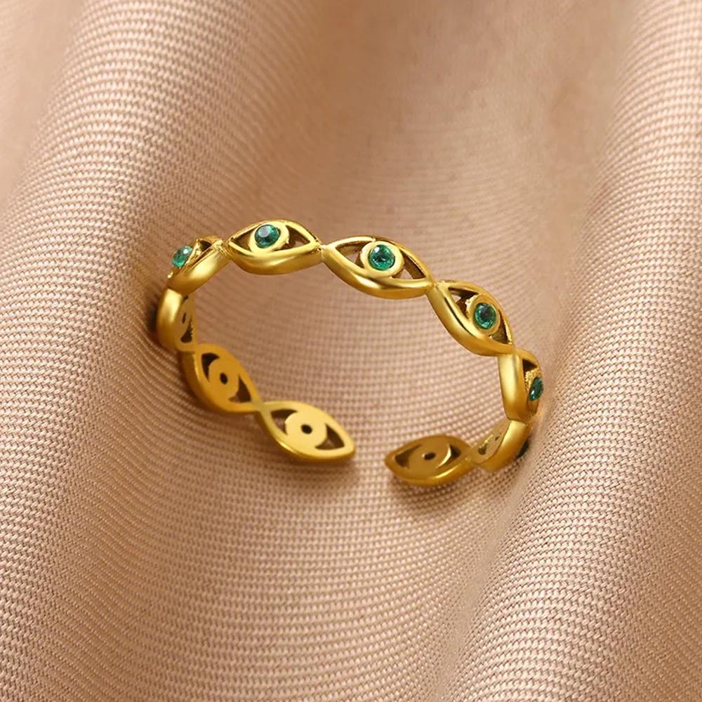 Dainty Zircon Shell Starfish Turtle Evil Eye Rings Stainless Steel Ring Women Anti Fading Golden Charm Zircon Accessories Gifts