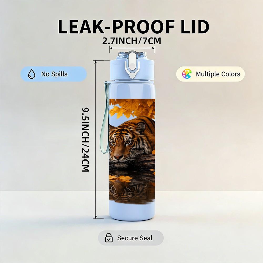 1PC Tiger On Golden Lake Sunset Scene Print 750ml Color Plastic Sports Water Bottle Leakproof Flip Straw Lid Suitable for Sports Office Home Use