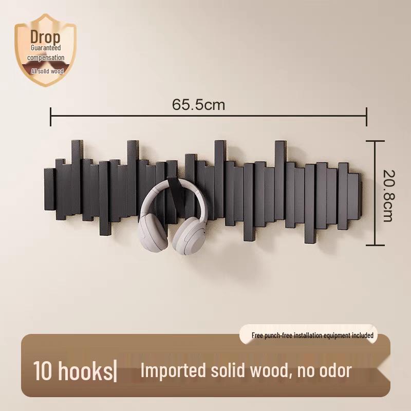 Solid Wood Coat Rack with Piano Key Hooks – Adhesive, No-Punch Design for Wall or Door