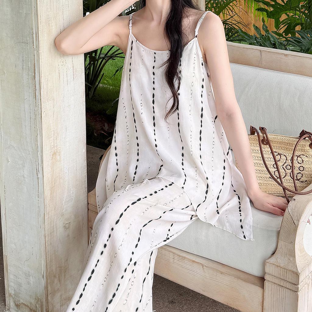 Summer Women's Cotton and Silk Suspender Pajama Set Sleeveless Printed Anti-Bump Homewear with Chest Pad Cotton Silk Two-piece Set