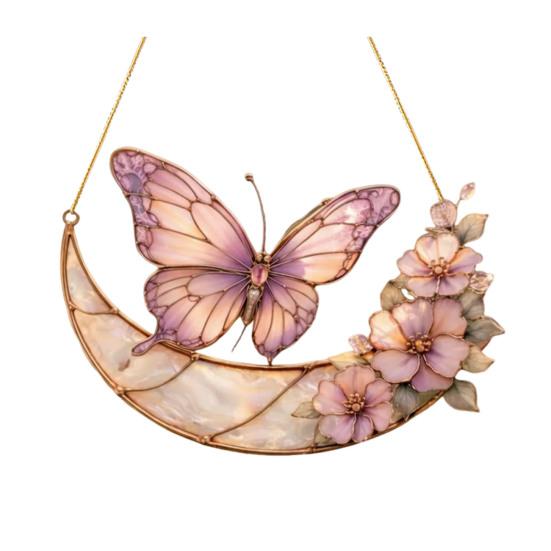 

Лунная Бабочка Цветы Акриловый Ловец Солнца в Стиле Витража Розовое Оконное Подвесное Украшение для Помещения Улицы Сада Домашний Декор