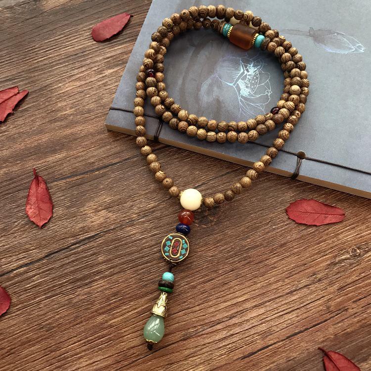 Colier lung etnic retro nepalez cu aripi de pui din lemn și margele Bodhi - Accesoriu de modă unisex