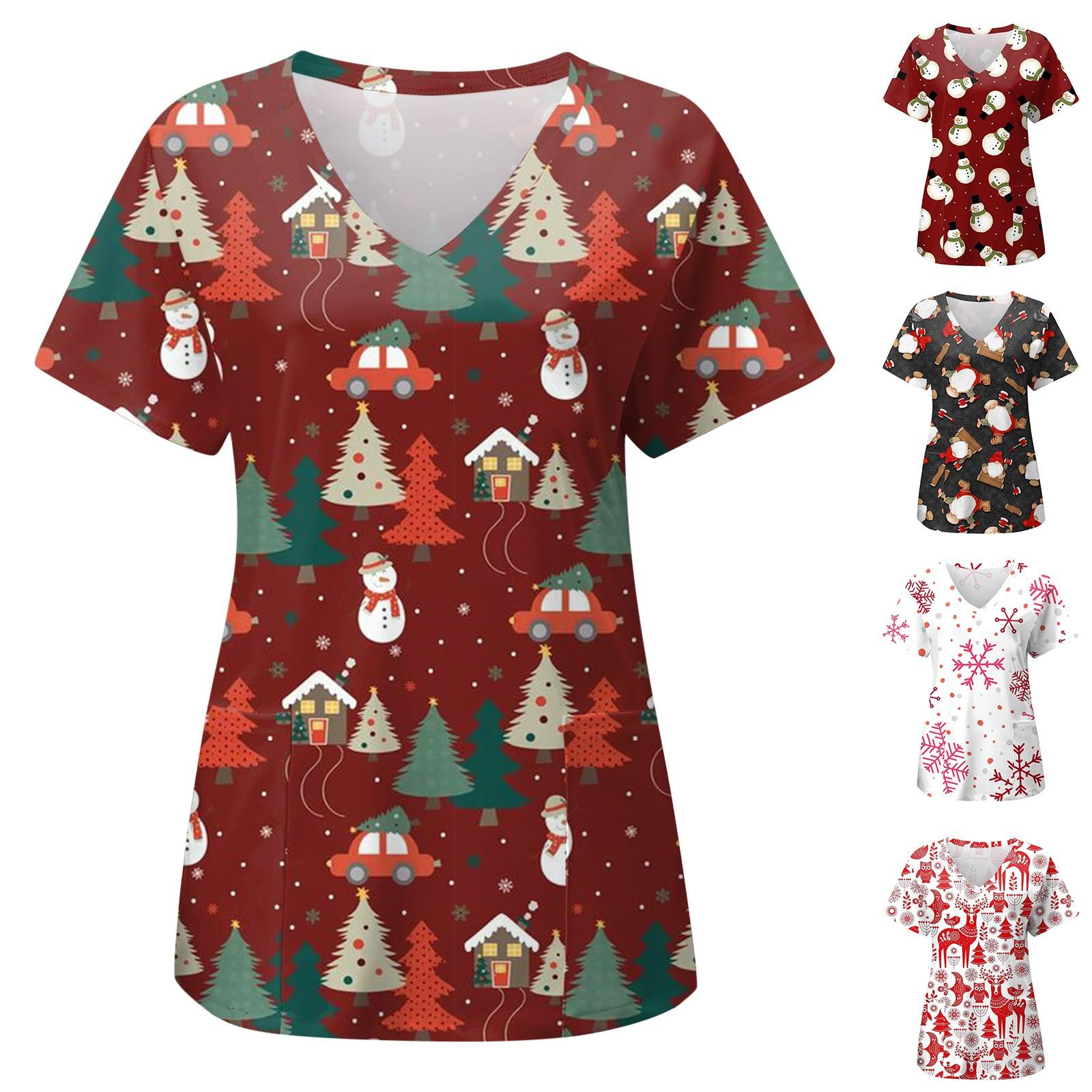 

Женская рождественская однотонная защитная одежда с градиентным принтом и карманной футболкой с коротким рукавом