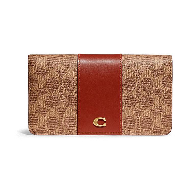 

New COACH Slim Wallet Coated Canvas With Calfskin Clutch Wallet Women s Tan C5862-B4NQ4 17.8*2.5*9.9CM