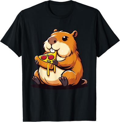 Lustiges Erdhörnchen isst Pizza Grafik T-Shirt Lässiges Kurzarm Baumwoll-T-Shirt für Männer Frauen