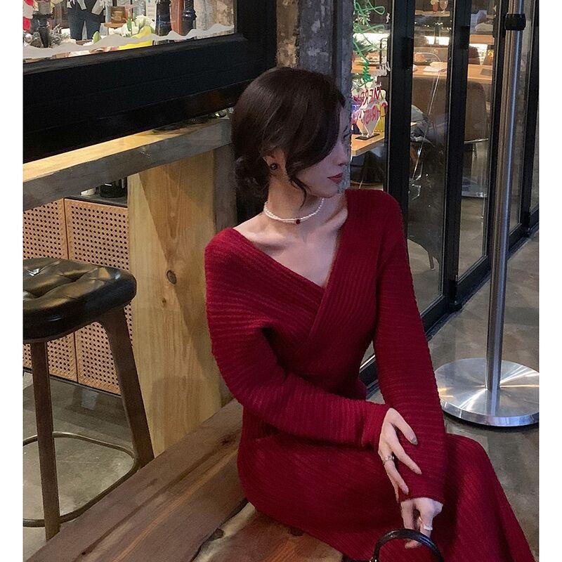 

Рождественское красное вязаное платье женское осенне-зимнее базовое с ретро темпераментом выше колена юбка-свитер XL красный