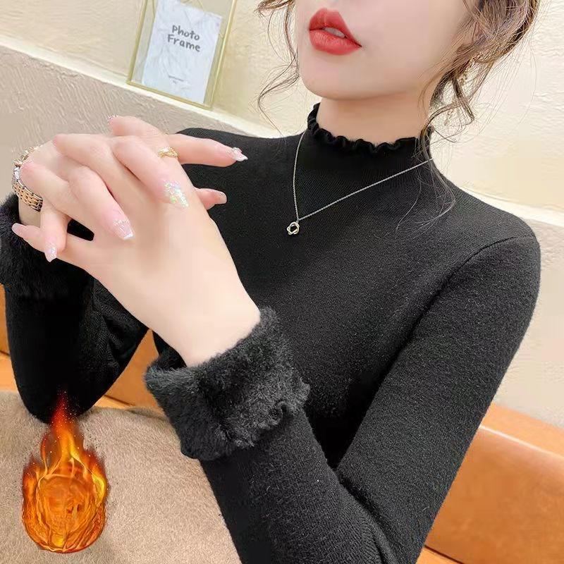 Women's Autumn Winter Slim-Fit Base Layer Sweater with Integrated Fleece Fabric Half-High Neck Thickened Korean Style Sweater