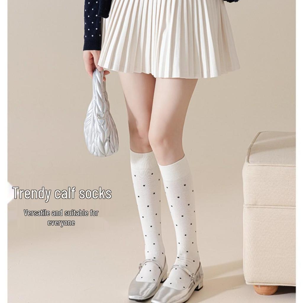 Herbst- & Winter Pünktchen Schlankmachende Wadenstrümpfe, Süßer Miu-Stil, Damen Lange gekämmte Baumwolle Hoher Schaft Gerüschte Socken