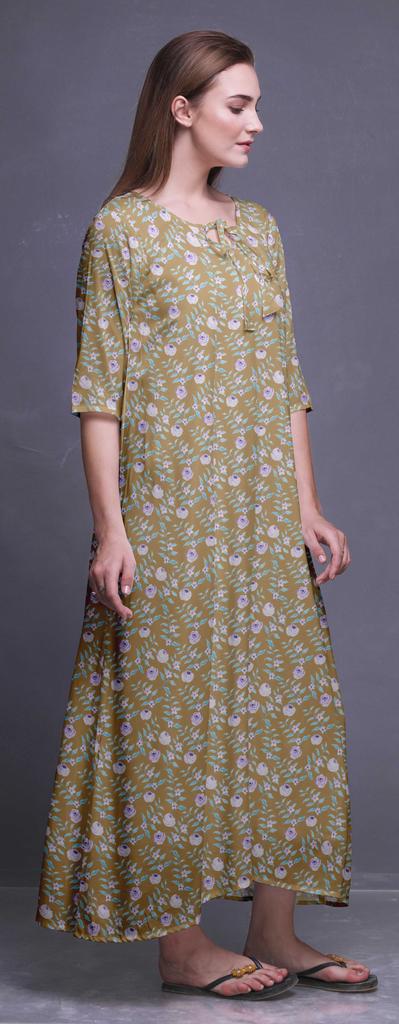 Bimba Dark Rose Brown Floral Leaves & Camellia Kanjiro Printed Nightgowns Maxi Sleepwear For Women Long Sleep Dress