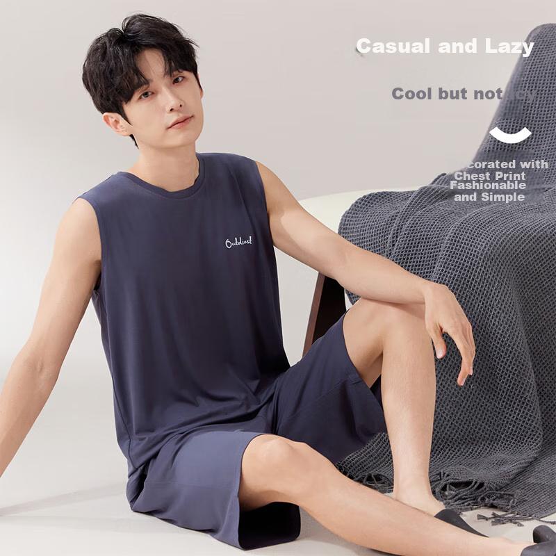 LangSha Men's Pajamas, Summer Thin Sleeveless Vest, Cool Breathable Loose Loungewear, Suitable for Outdoor Wear, 2026 Vintage Blue