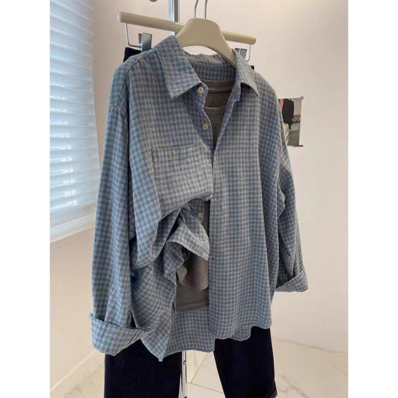 

Women s Blue Plaid Retro Shirt Jacket - Thickened, Loose Fit for Autumn/Winter S