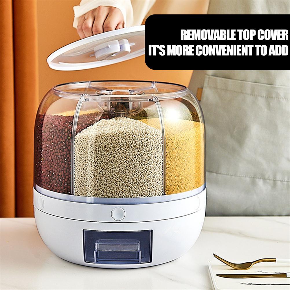 Food Grain Storage Container 6 Grid Rice Dispenser Rotatable Sealed Grain Food Storage Box Large