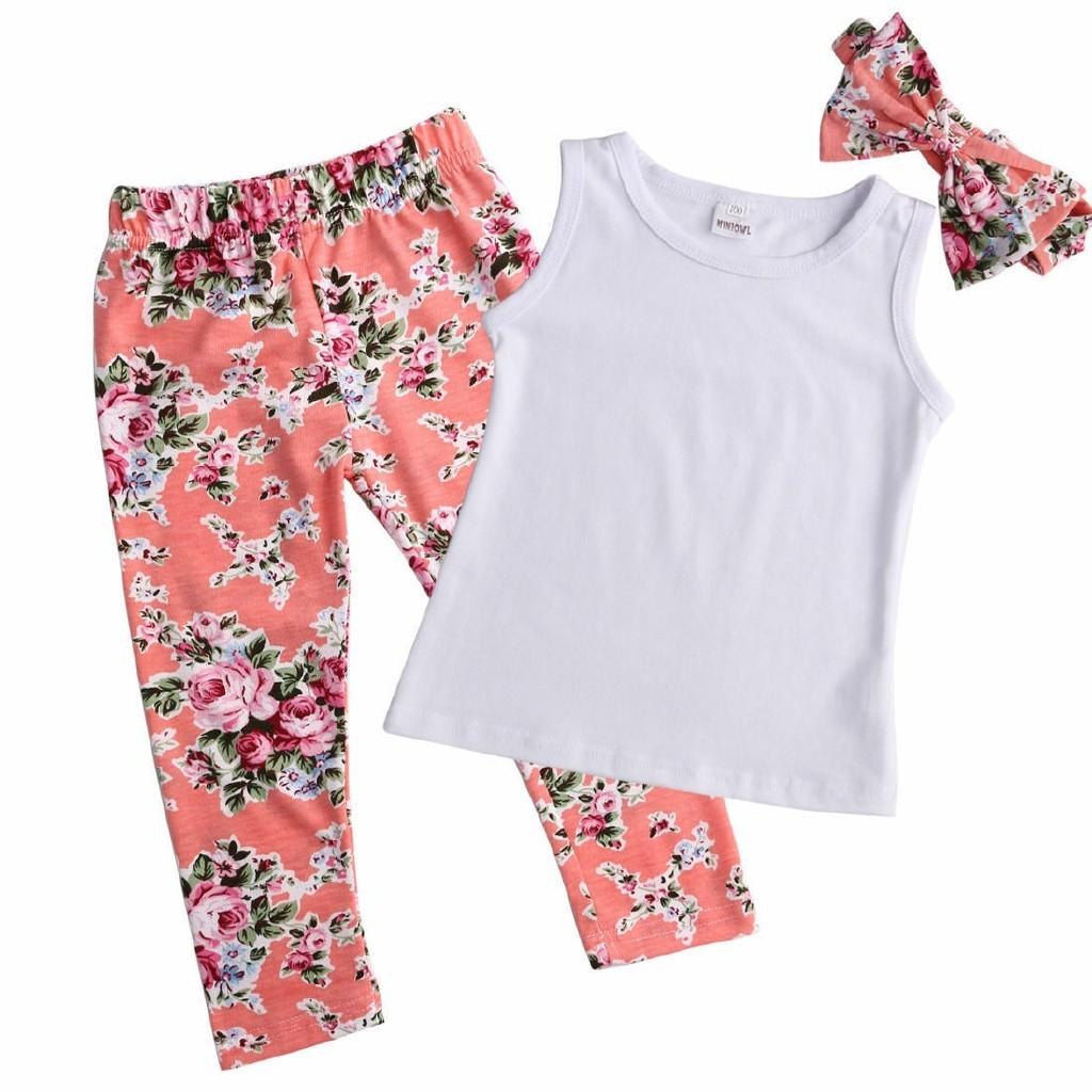 Adorable Toddler Girls Kids Floral Tops Pants Trousers Headband 3pcs Outfits Set Clothes