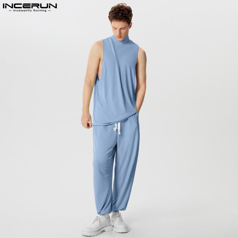 

INCERUN Костюм из двух частей для мужчин, водолазка без рукавов, трикотажные топы, длинные брюки, комплекты 5XL