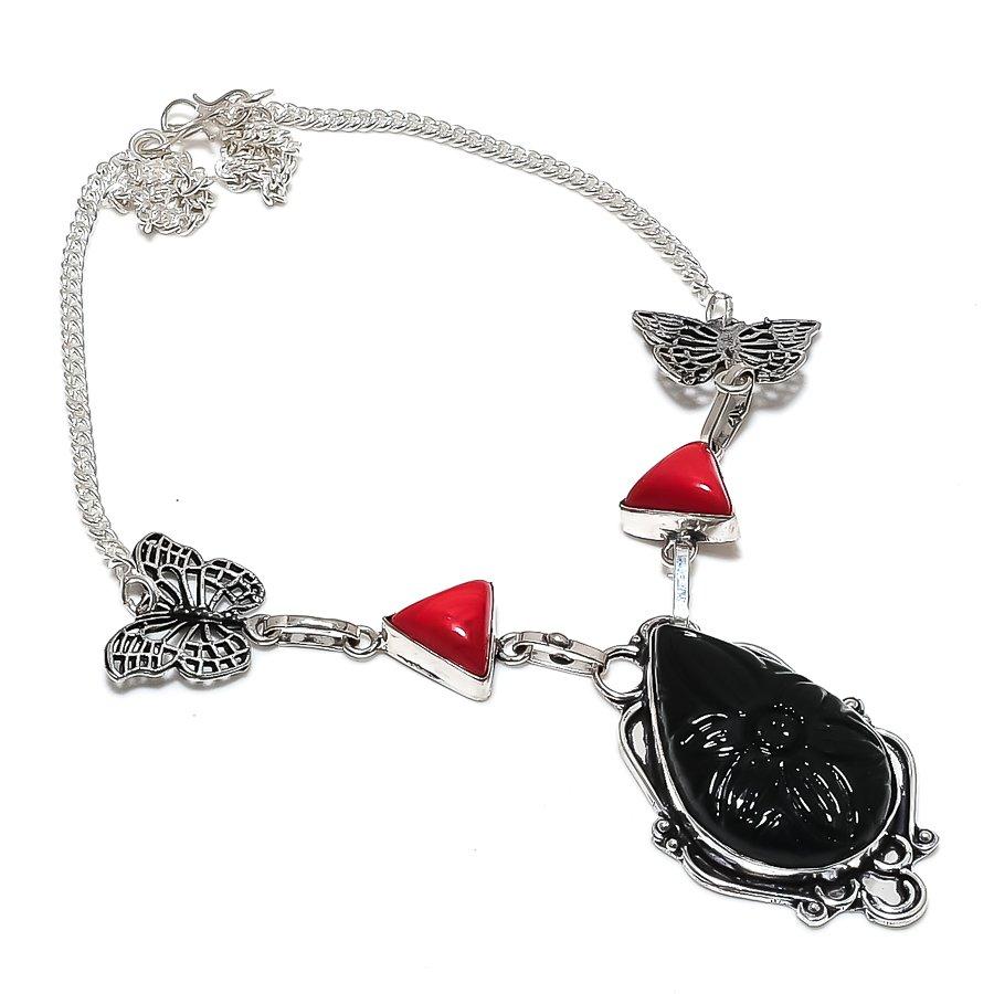 Natural Black Onyx, Coral Gemstone 925 Sterling Silver Jewelry Necklace 18" N1Z22