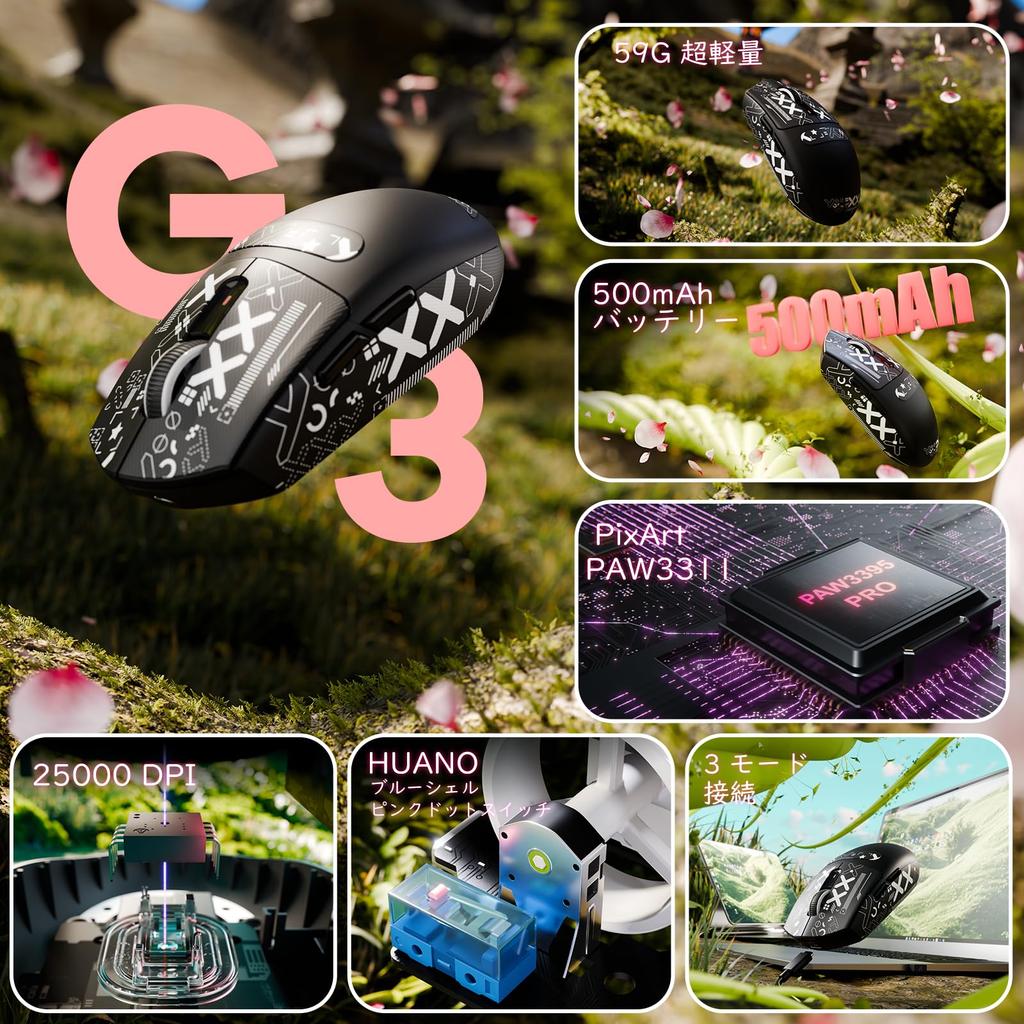 ATTACK SHARK G3 Wireless Gaming BK52820 25000 PAW3311 3 Modes Programmable 500mAh 80 Micro 40G DIY Stickers For Gaming and Office Use Mouse,