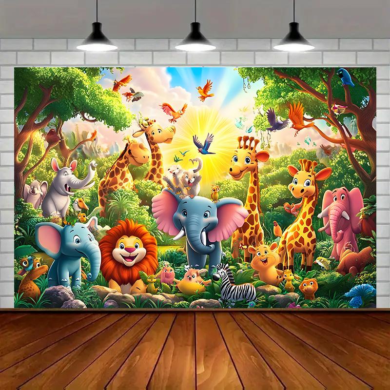Animal-themed Polyester Party Banner: Colorful Wildlife Park Scenes with Giraffes, Elephants and More; Durable Wall Decorations