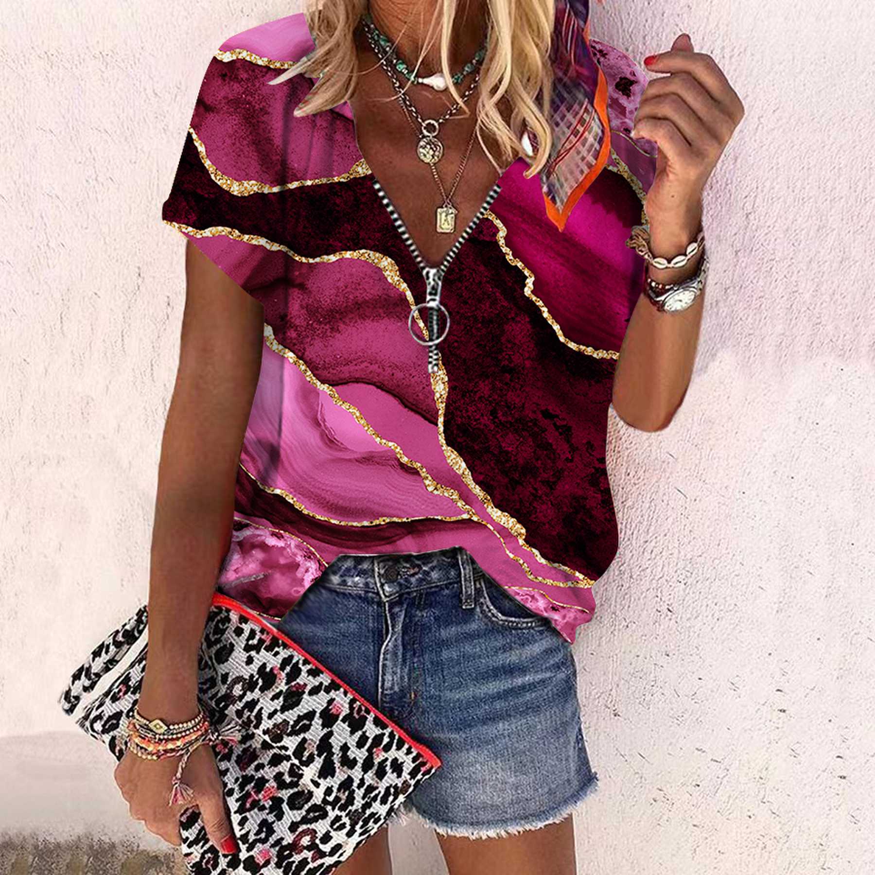 

Женский топ, летняя новая мода, повседневный топ с мраморным принтом и застежкой-молнией с v-образным вырезом и короткими рукавами 4XL ярко-розовый