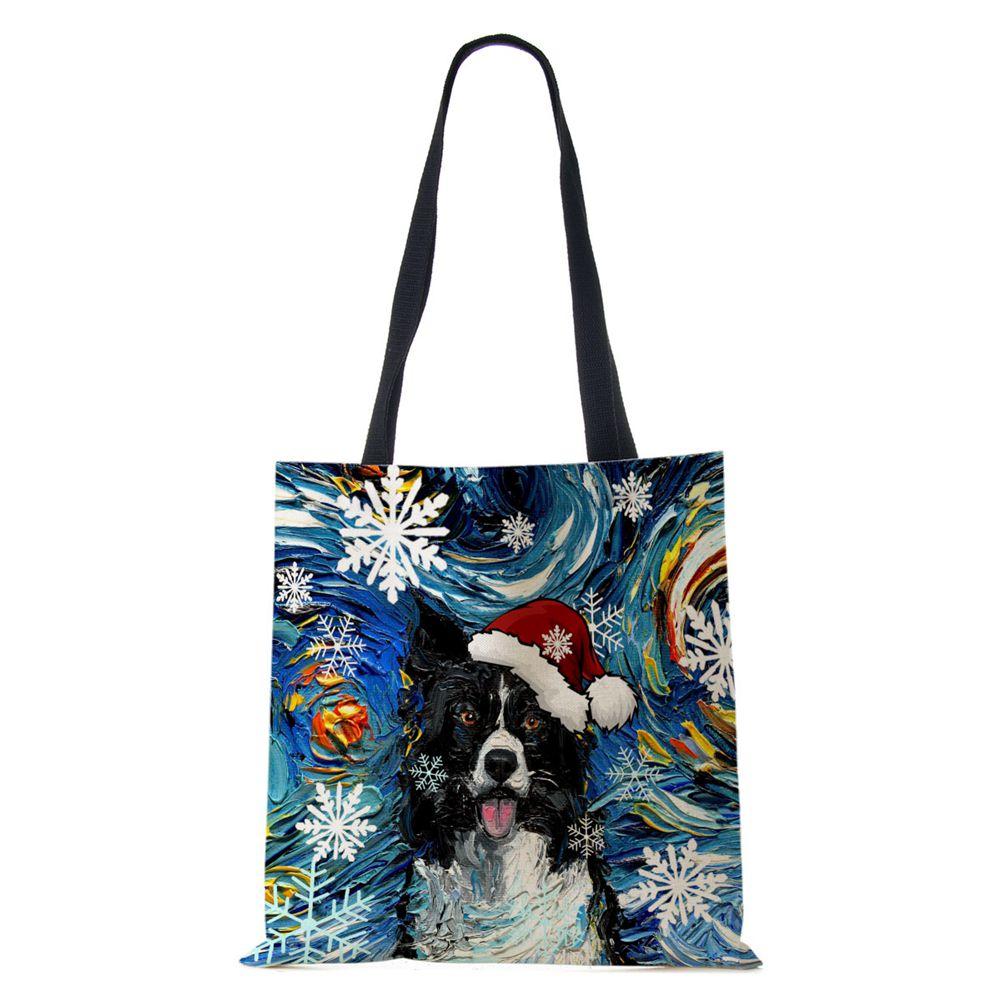 Christmas Dog Canvas Shopper Tote Bag Utskrift Harajuku Kvinner Gjenbrukbar skulderveske 2022 Casual Stor kapasitet sammenleggbar håndveske