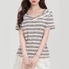 Retro Striped V-neck Short-sleeved T-shirt Women's Summer 2026new Contrasting Colors Irregular Niche Thin Front Shoulder T-shirt Top