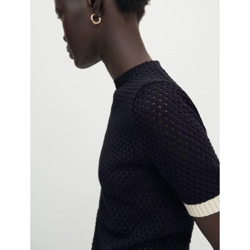 MD Early Autumn New Arrival Contrast Color Trim Classic Style Patchwork Cut Out Comfortable Short Sleeve round Neck Knitwear 5600511