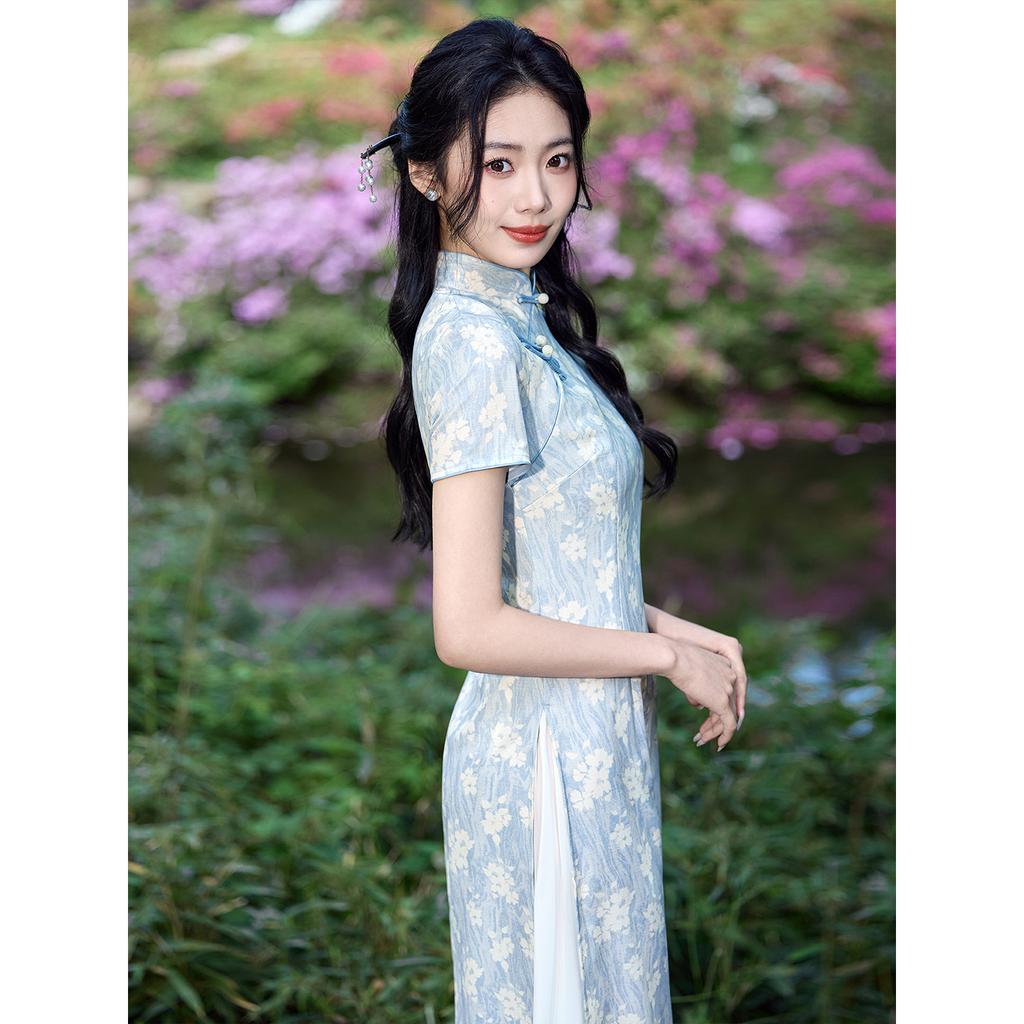 1011 new summer single-layer new Chinese style small and fresh long short-sleeved waist slim-fitting fashion cheongsam skirt