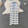 Casual Striped Crew-Neck Sleeveless Knit Top and High-Waisted Slimming Bodycon Midi Skirt Sets Summer Knitted Two Piece Sets for Women