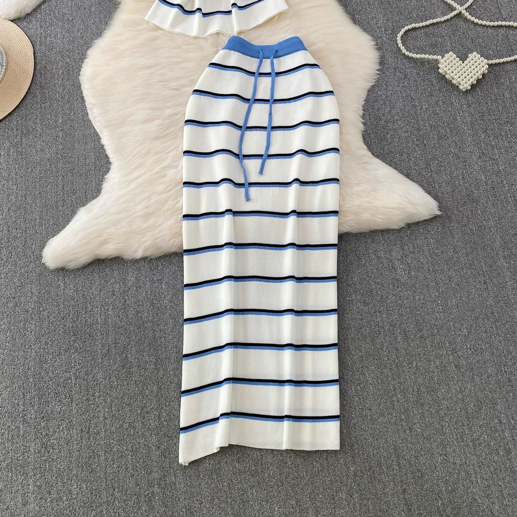 Casual Striped Crew-Neck Sleeveless Knit Top and High-Waisted Slimming Bodycon Midi Skirt Sets Summer Knitted Two Piece Sets for Women
