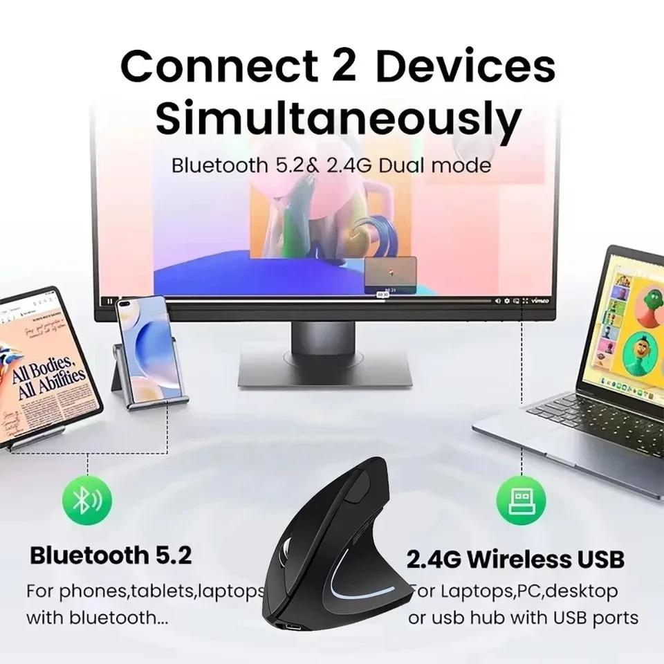 2.4G Vertikální Bezdrátová Bluetooth 5.0 Myš Ergonomická Dobíjecí Myš RGB 1600 DPI Tichá Myš pro PC Laptop Stolní počítač
