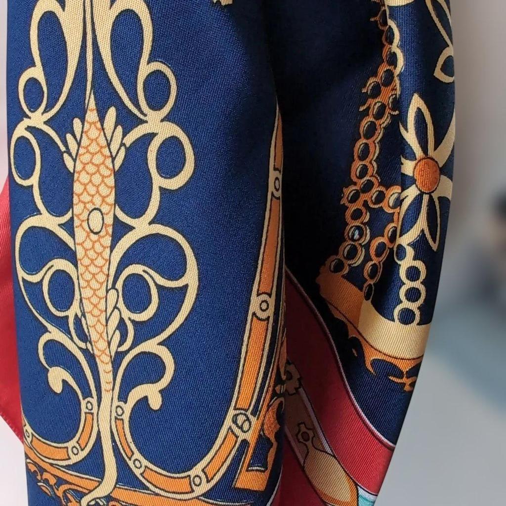 Used France Silk Scarf Navy Red Gold Unbranded
