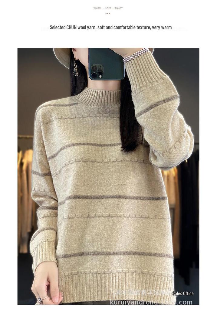 Women's Striped Wool Sweater - Autumn/Winter Style, Half-High Collar, Loose & Slimming Fit