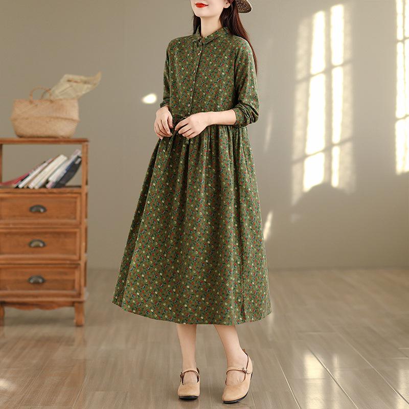 Mori Style Floral Cotton Turn-Down Collar Long-Sleeve Shirt Dress, 2025 Autumn Collection