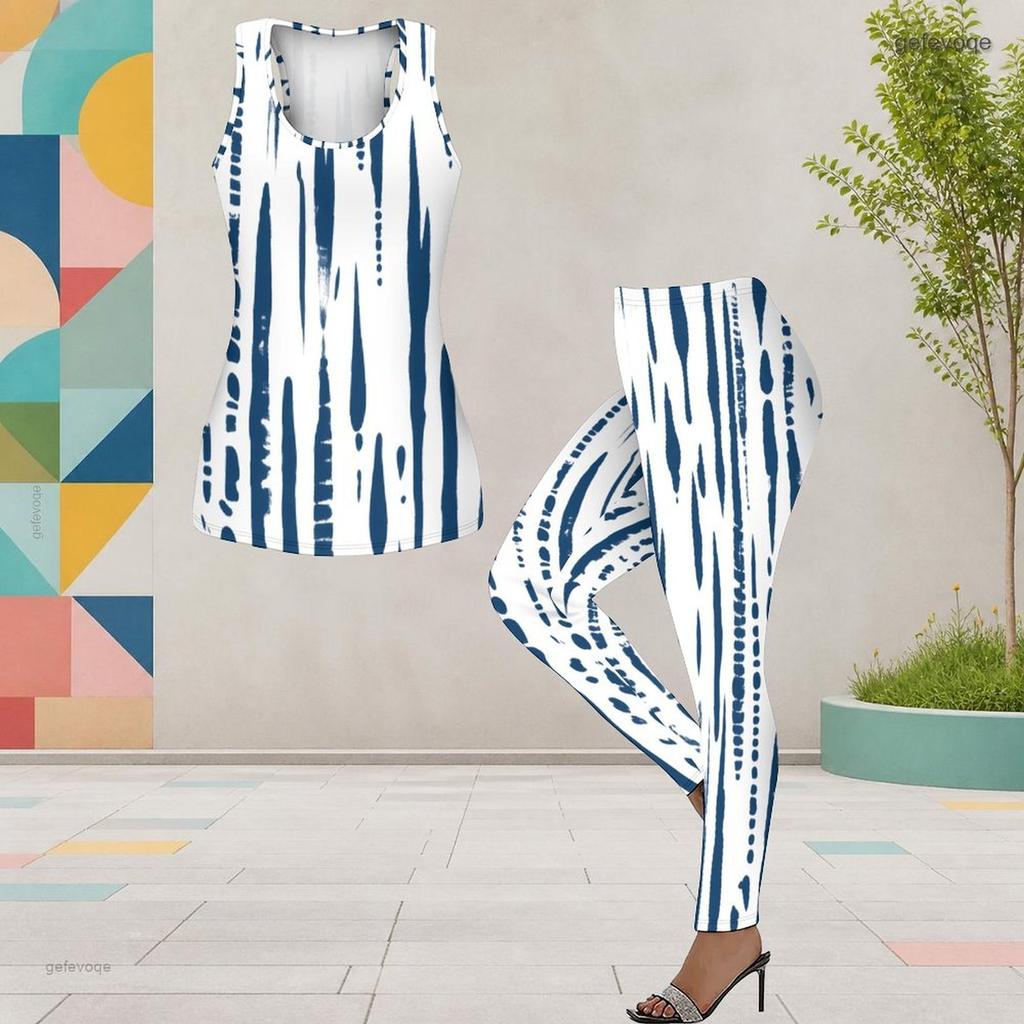 Women Plus Size Printed Two Piece Outfit Scoop Neck Sleeveless Tank Top And Fitted Pants