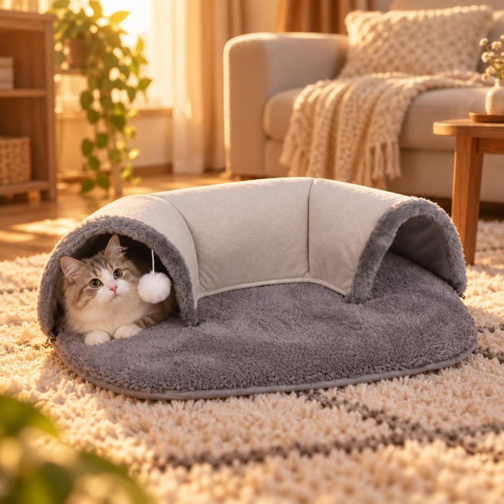 Cat Tunnel Bed with Fluffy Ball Toy Padded for Bedroom, Cats, Kittens