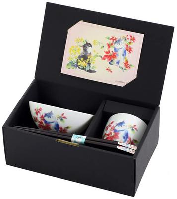 Keramik Ai Hidamari Katze Reisschale und Teetasse mit Weihnachtsstern und Tenpo 23202 Essstäbchen,