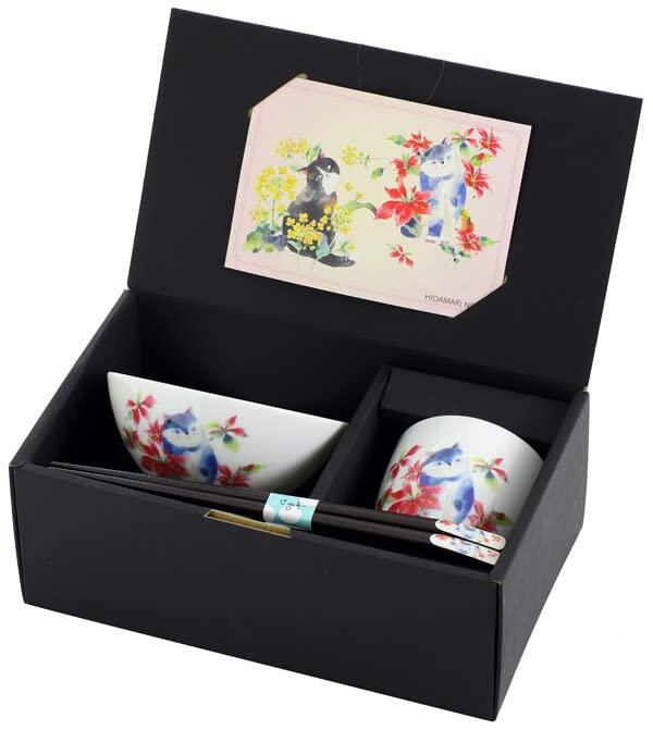 Ceramic Ai Hidamari Cat Rice Bowl and Teacup with Poinsettia and Tenpo 23202 Chopsticks,