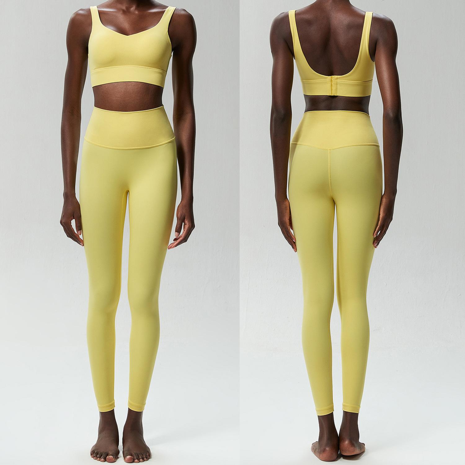 

Комплект из двух предметов для фитнеса и йоги, женский однотонный маслянистый мягкий спортивный костюм, дышащий, быстросохнущий, спортивная одежда для бега, одежда для тренировок XL жёлтый
