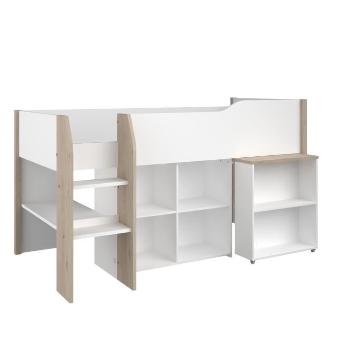 Kinder Kombibett mit ausziehbarem Schreibtisch - PARISOT - LIAM - Weiß und Eiche - Inklusive Bettgestell - 90x200 cm