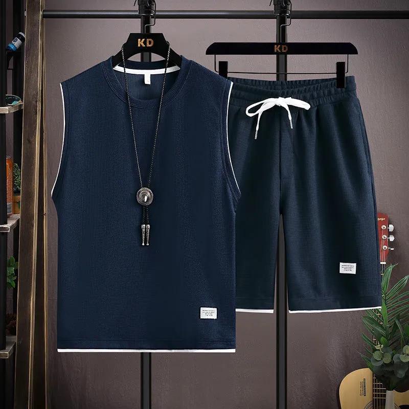 Men's Summer Loose Casual Sports Suit Sleeveless T-shirt + Shorts Solid Color Plus Size Simple Two-piece Set